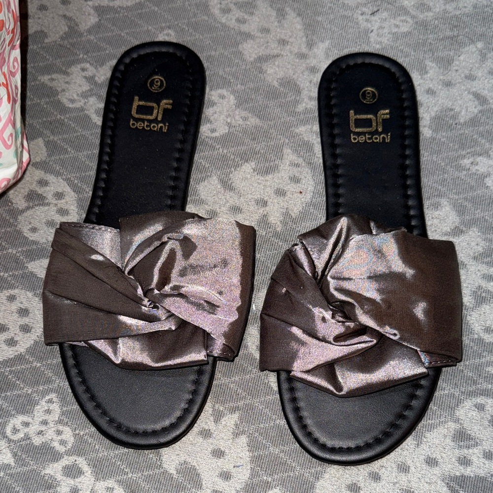 Betani Satin Bow Slide Sandals - Black and Brown